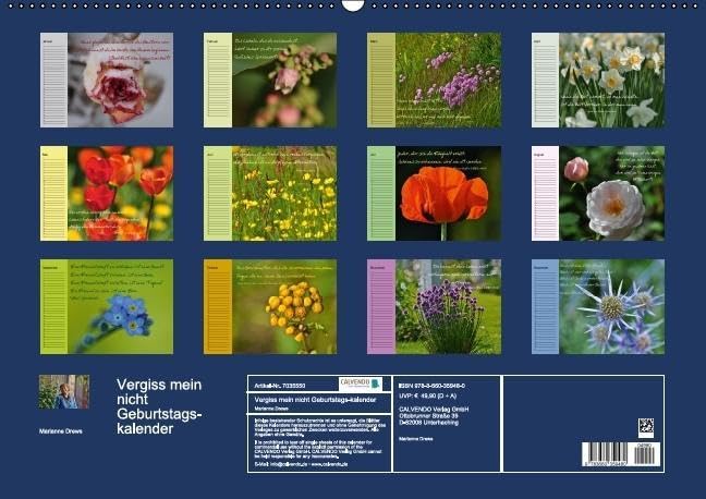 Vergiss mein nicht Geburtstagskalender (Wandkalender immerwährend DIN A2 quer): Immerwährender Terminkalender mit bildschönen Blumenmotive und ... ... Lebensweisheiten (Monatskalender, 14 Seiten)