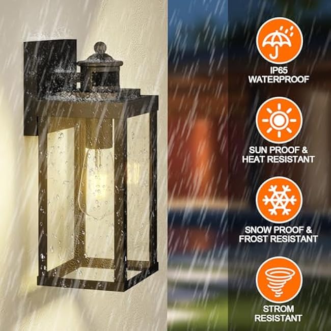 Large Size Outdoor Wall Light, 3 Lighting Modes Motion Sensor Porch Light, Dusk to Dawn Outdoor Lighting, Waterproof and Rustproof Design, Black Sensor Wall Light, 2 Pack for House/Patio/Garage