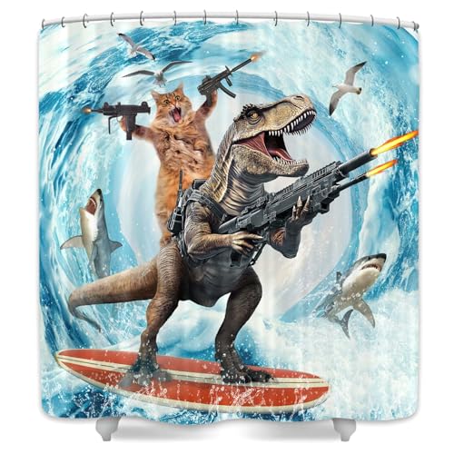 Image of Funny Cat Shower Curtain Set, Cute Cat Riding Dinosaur Surfing in Ocean Wave Ocean Theme Curtains for Bathroom, Surfer Dinosaur Nautical Polyester Fabric Waterproof Kids Bath Shower Curtain Decorative