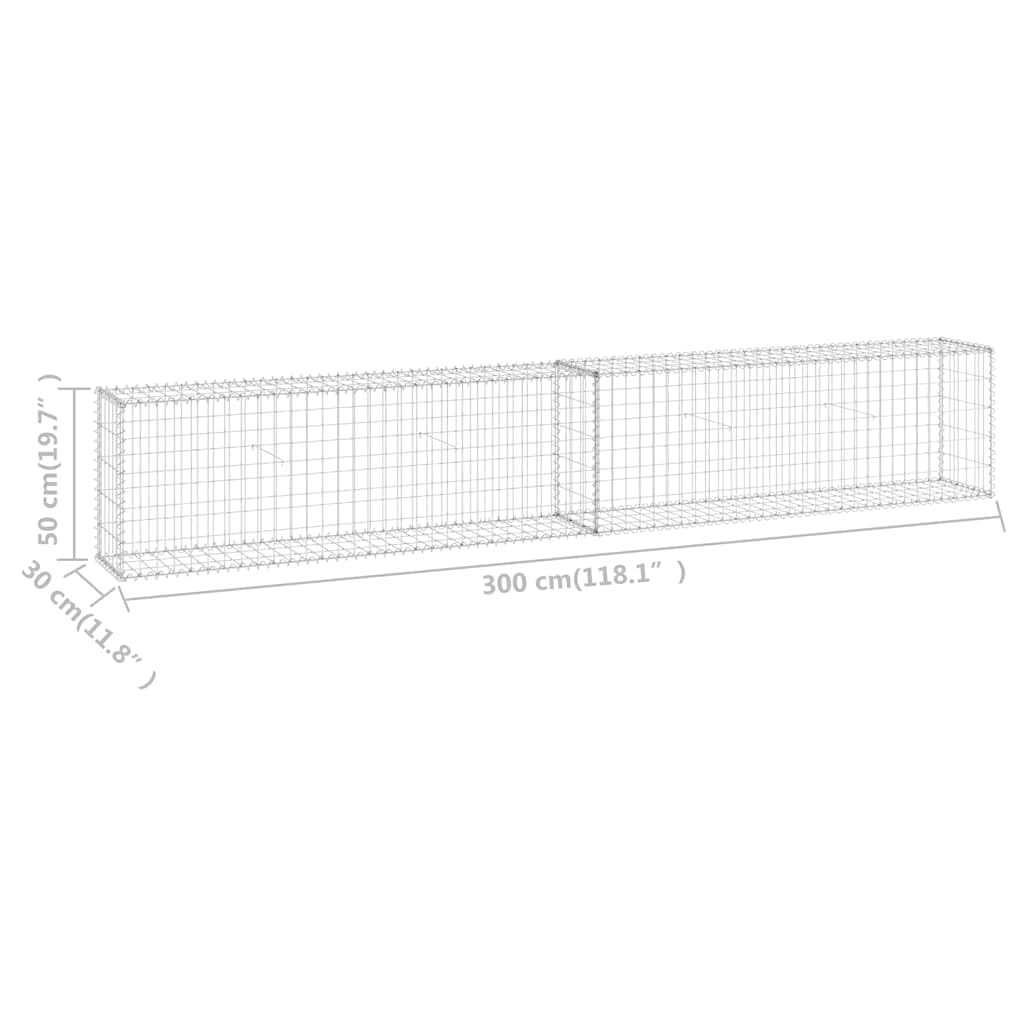 Cesta de acero galvanizado, 300 x 30 x 50 cm, con cubierta para valla y muro de contención