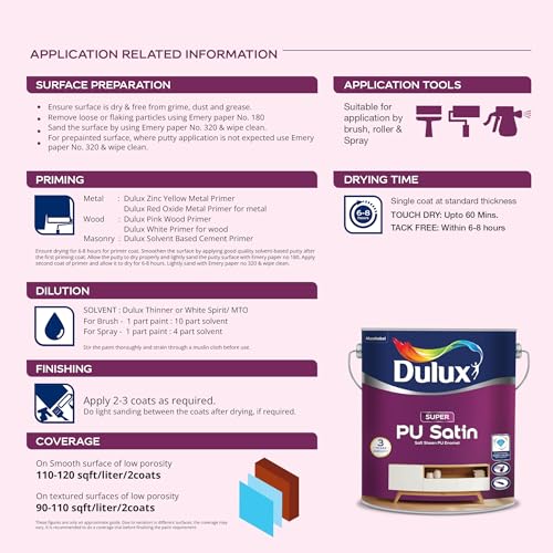 Image of Dulux Super PU Satin Rich brown Enamel Paint Solvent Based | Premium Soft-Sheen Finish For wooden, metal, & masonry surfaces| Washable, quick drying, and stain resistance, 3 Yr. Warranty - Rich brown - 1 Ltr