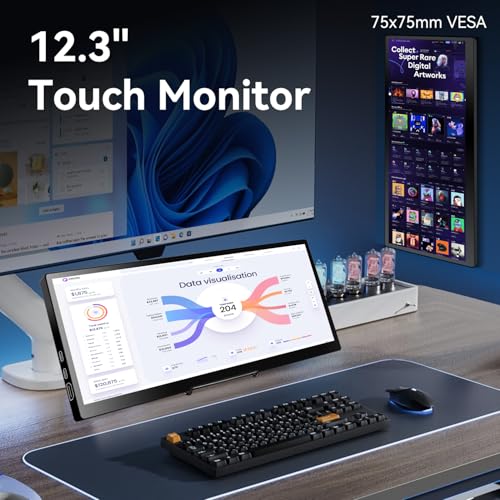 Image of 12.3 Portable Touchscreen Monitor,1920*720 IPS Mini Touch Screen,Travel Display with Foldablestand & Speaker, HDMI USBC CNC External Monitor for Laptop Phone Aida64 GPU CPU RAM Monitoring, VESA