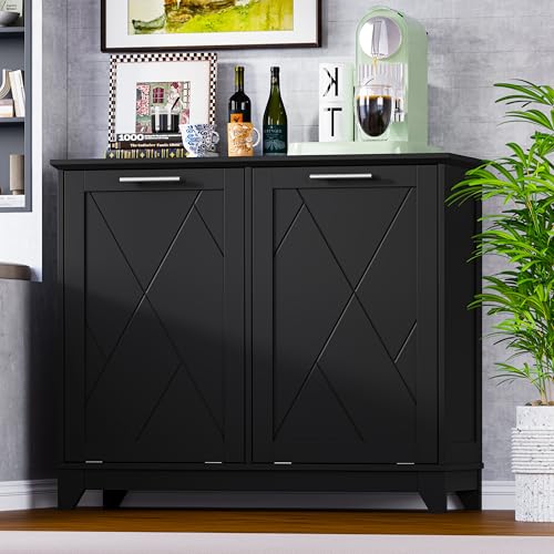 Image of BORNOON Tilt Out Trash Can Cabinet for 2 Bins, Hidden Recycle Garbage Bin Enclosure, Wooden Double Laundry Cabinet with Odor Control, Negative Ion & Ozone, for Kitchen, Bathroom, Laundry Room