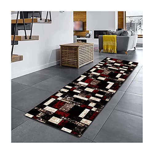 Alfombra larga para entrada de pasillo lavable moderna color negro marrón rojo 4