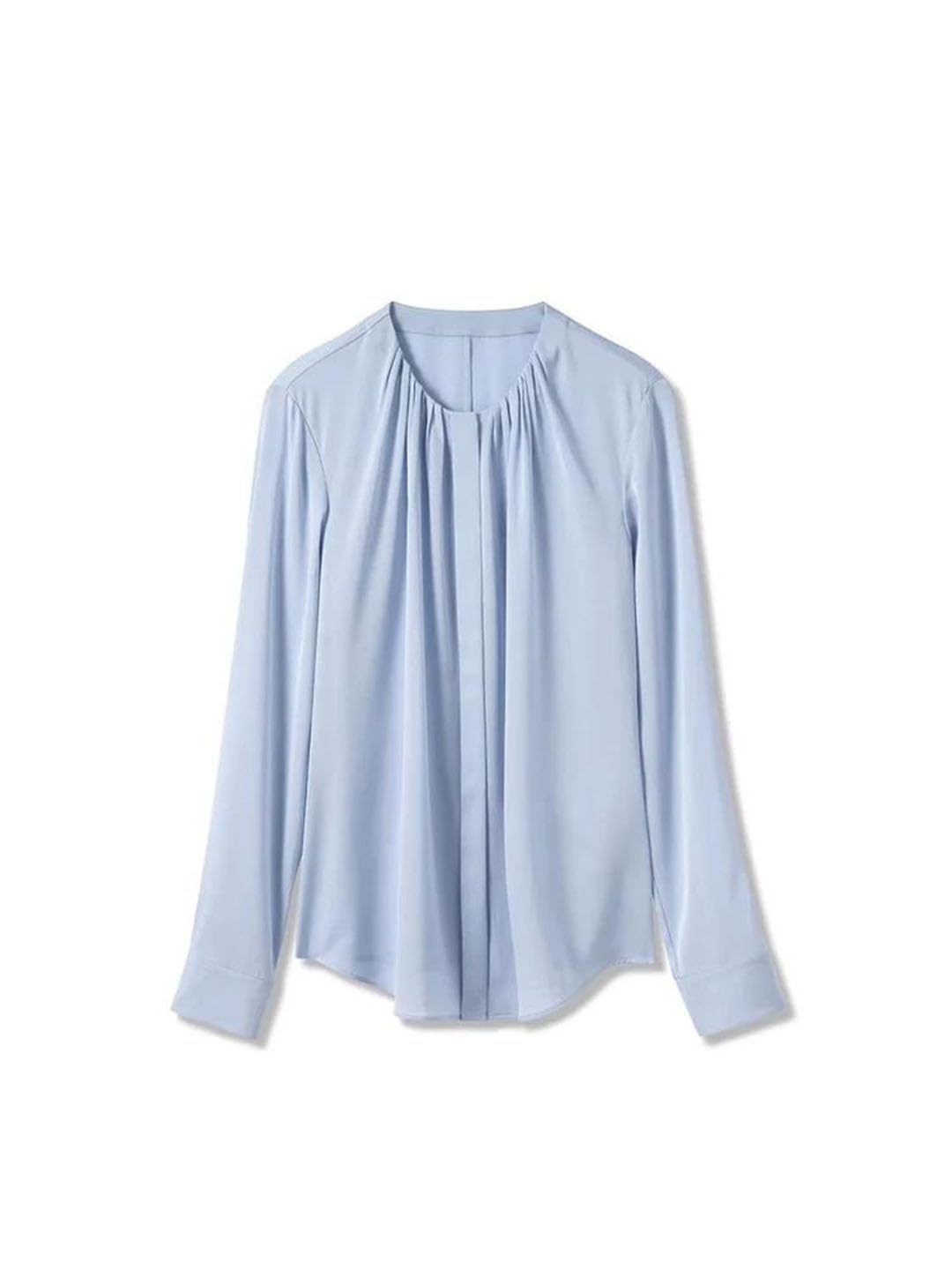 Camisas lisas para mujer, plisadas, cuello redondo, manga larga, camisa de gasa para oficina y trabajo