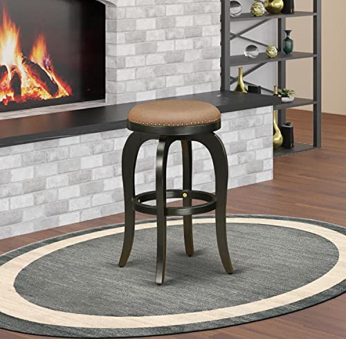 Butaco de altura para bar East West Furniture BFS030-112 Bedford, asiento redondo tapizado en cuero sintético marrón tostado, estructura negra de madera de caucho, altura 30 pulgadas miniatura 2