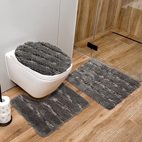 Badezimmerteppich-Set, 3-teilig, Badematte, rutschfest, flauschig, weich, Plüsch, saugfähig, Mikrofaser, Badevorleger…