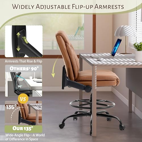 Image of Drafting Chair,Executive Tall Office Chair Flip-up Armrests for Counter Height Desk Drawing Use,High Task Chair with Adjustable Foot Ring & Inflatable Lumbar Support, Swivel Computer Stool,PU Brown