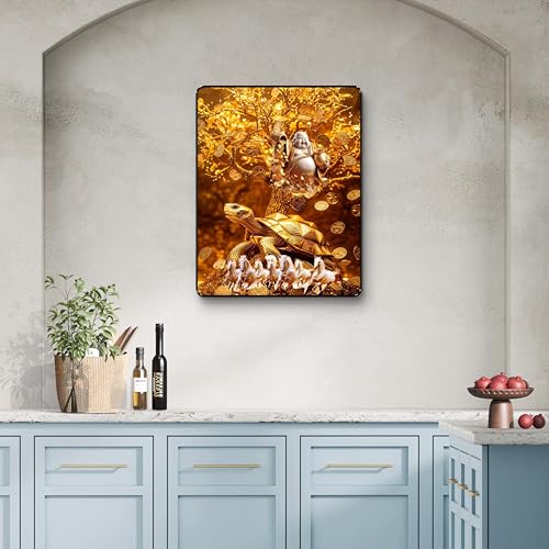 Image of SAF Golden Money Tree Laughing Buddha Tortoise Horse Wall Art Black Frame Sparkle Lamination Vastu Feng Shui Wealth Positive Energy Decorative Painting for Home (14 Inch x 11 Inch) K-36110