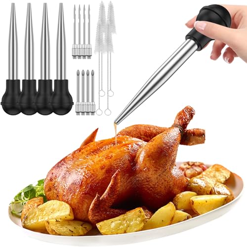 4pcs Turkey Baster Set Stainless Steel Turkey Baster Syringe Meat Marinade Injector Needle with Needles Silicone Bulb and Cleaning Brush Meat for Kitchen Cooking