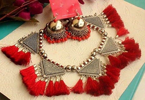 German Silver Tassel Necklace with Beautiful Earrings, Jhumkas