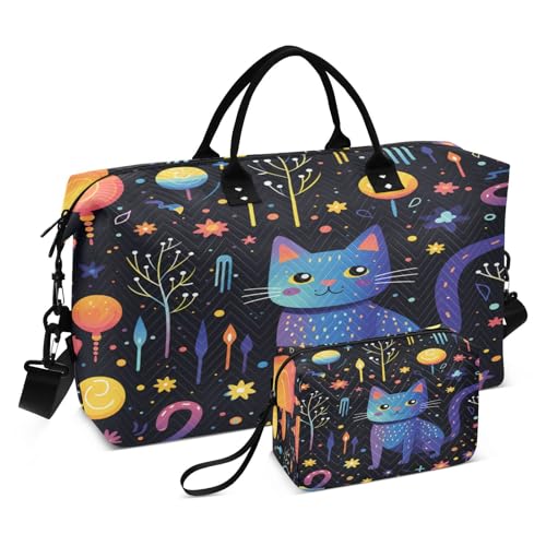 Cute Doodle Cat Balloon Sports Swim Gym Bag Weekender Duffel Travel Bags Handbag with Makeup Storage Bag for Girls Men
