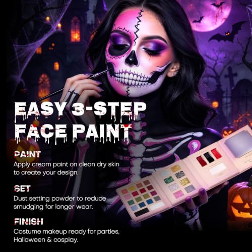KIMUSE Face Paint Palette for Halloween Makeup, 18 Colors Face Painting Kit, 8 Glitters, 3 Lip Creams & Setting Powder, Halloween Makeup Kit for Cosplay, Costume, Festival, Kids & Adults - image 5
