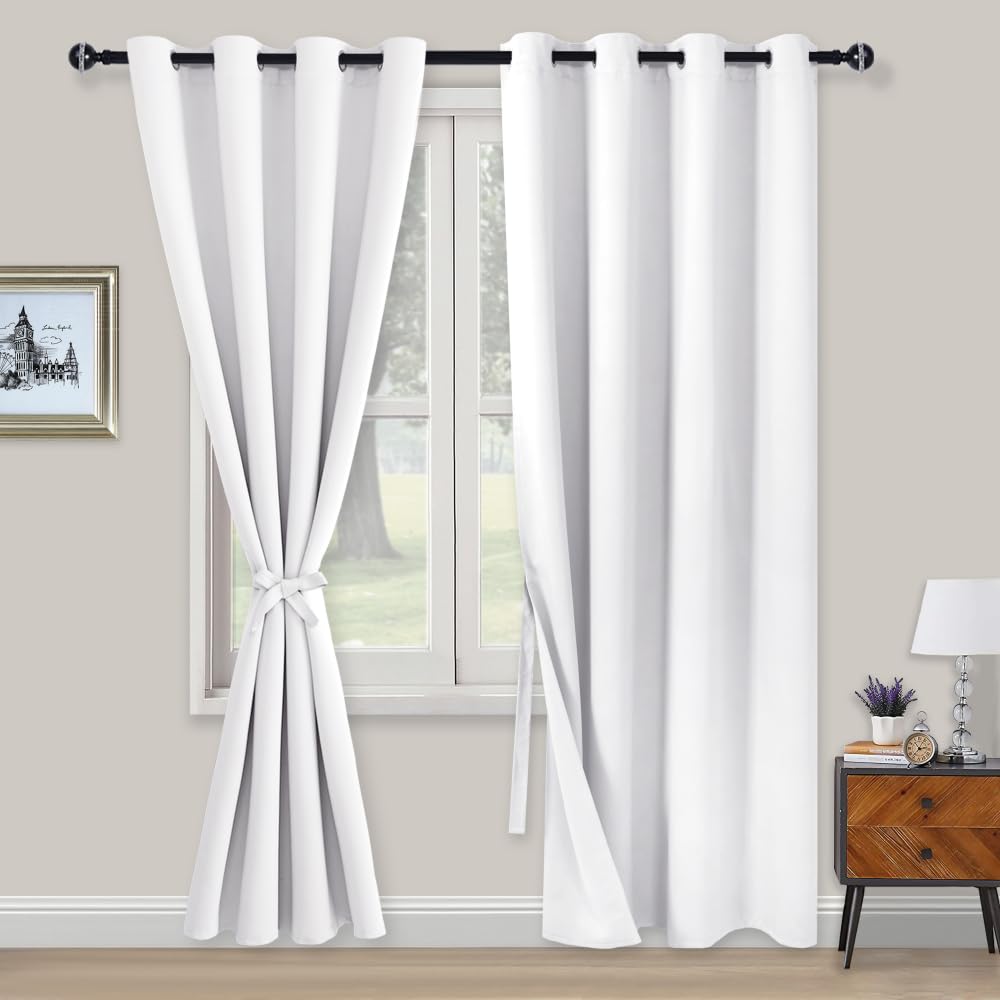 XWZO Blackout Curtains Shades Window Curtain Panels with Tiebacks- Noise Reduction and Thermal Insulated Eyelet Curtains for Bedroom,Living Room,Office,Study Room Greyish White W52xL84
