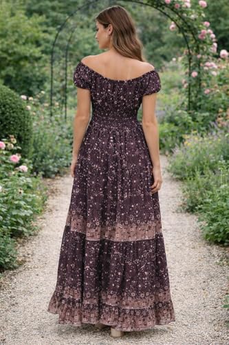 Image of Elegant Printed Off-Shoulder Maxi Dress for Women | Floral Boho Women Dress Summer Women One Piece with Puff Sleeves | Lightweight Party Vacation Casual Wear Long Maxi Dress