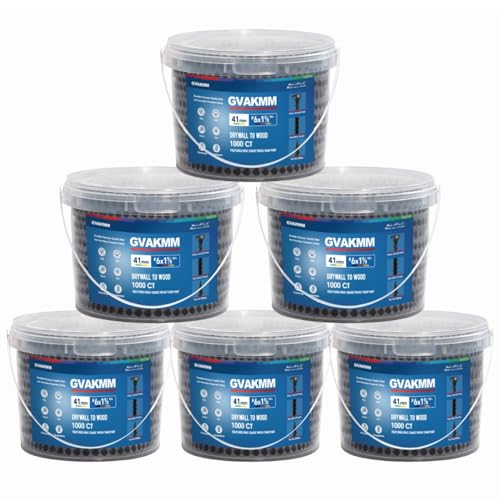 #6 × 1-5/8 inch Drywall to Wood Collated Screws – 6000 Count (6 Pack of 1000-Count Buckets), Black Coarse Thread Sheetrock Screws, Bulk Jobsite Supply