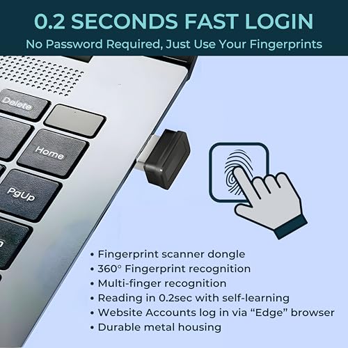 Image of USB Fingerprint Reader for Windows Hello - Ultra-Fast 0.2 Second Recognition, Self-Learning Technology, Supports Windows 10 /11 Login and Edge /Chrome Browser Passwords (Compact Design)