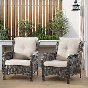 Patio Wicker Patio Chairs Set of 2 Outdoor Dining Chairs with 35 inch Seat Cushions High Back and Curved Armrest for Garden Backyard Balcony and Deck Beige