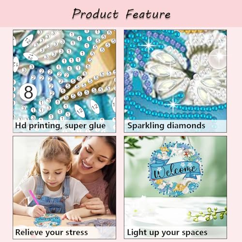 Muzagroo Art Welcome Sign Diamond Art Kits for Adults, 5D Diamond Hanging Ornament Kits for Front Door, DIY Special Shaped Diamond Dot Kits, Home Porch Crystal Hanging Pendant Ornament (Welcome) by Muzagroo Art - Image 3
