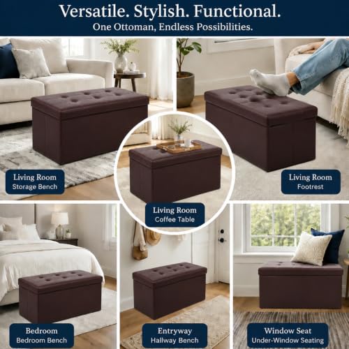 Image of ALASDO 30 Inch Folding Storage Ottoman Bench with Hidden Storage, PU Leather Ottoman Foot Rest Stool, End of Bed Bench for Bedroom, Living Room, Entryway and Closet, Brown