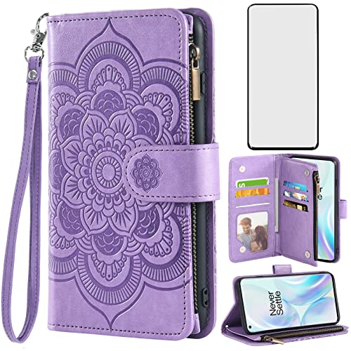 Coque portefeuille OnePlus 8 violette avec porte-cartes et vitre de protection