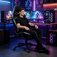 Andyou Gaming Stuhl-ergonomischer Bürostuhl, Rückenlehne 90-155° neigbar, 3D-Armlehnen, Wippfunktion, Fußstütze, atmungsaktives Suédé-Gewebe, belastbar bis 200 kg, schwarz – Ansicht 2