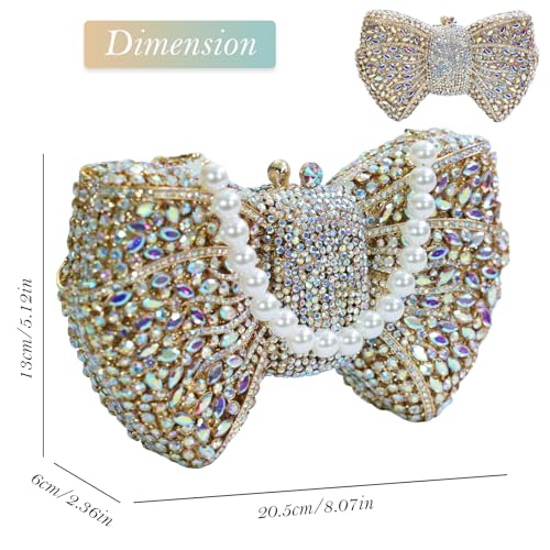 Image of Handmade Inlay Rhinestone Bow Clutch Bag for Women, Sparkling Evening Party Wedding Purse with Detachable Pearl Chain