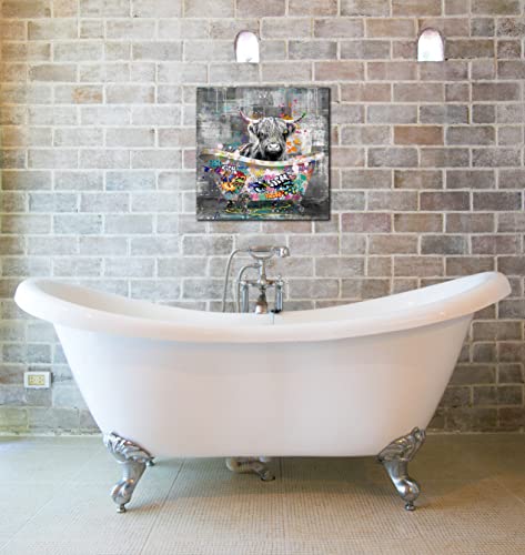 Kepgonegu Highland Cow Bathroom Wall Art Funny Graffiti Canvas Wall Art Black And White Wall Art Ready To Hang Size 14”W X 14”H #TOP4