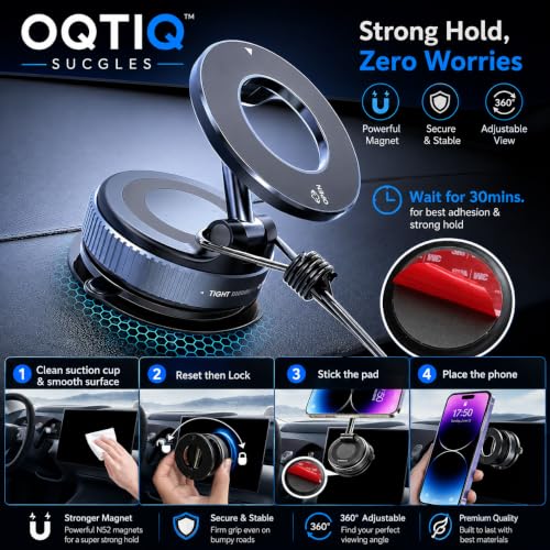 Image of OQTIQ SUCGLES Vacuum Magnetic Phone Holder for Car, 360 Adjustable Foldable Mobile Holder with Ultra Strong Suction & Powerful Magnetic Grip, Dashboard, Windshield & Desk Mount for All Smartphones