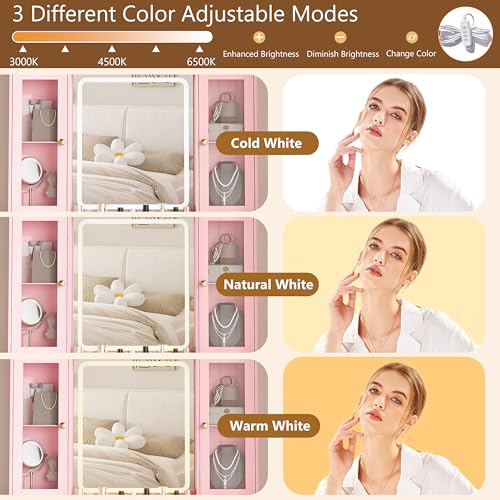 Image of HUANLEGO Vanity Desk with Mirror and Lights, Pink Vanity Mirror with Lights & RGB Glass Cabinet and 3 Drawers, Makeup Vanitys Desk with Lighted Mirror, Dressing Table for Girls Bedroom, 3 Color Modes