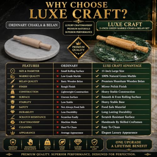 Image of Luxe Craft Green Marble Chakla Belan 11 Inch | Heavy Stone Roti Maker Board | Handmade Chapati Rolling Board for Kitchen | Premium Marble Roti Chakla for Chapati, Puri, Paratha & Baking Dough