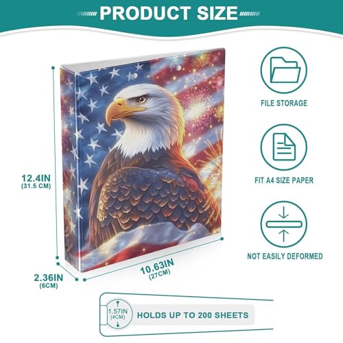 Image of 3 Ring Binder Bald Eagle American Flag Brave 1.5 inch Binders Three Ring Binders with Clipboard Fit 8.5'' x 11'' Paper 3 Interior PVC Clear Pockets for Office Supplies