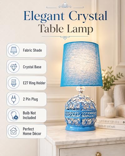 Image of Homesake Modern Small Crystal Table Lamp, Contemporary Bedroom Bedside Nightstand Lamp, Morden Minimalist, Desk Globe Lamp for Living Room Girls Kids Room, Fabric Shade, (Turquoise)