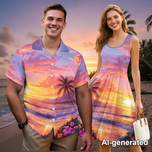Image of Hawaii Matching Couple Outfits Husband and Wife Clothing Fashionable Mens Casual Shirts Hawaii Dress with Soft Fabric
