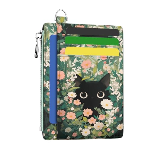 Image of Hancynir Black Cat Floral Slim Wallet Women Credit Card Holder, Small RFID | Zipper Pocket Wallet, Thin Travel Coin Purse, PU Leather, Minimalist Card Case, 6 Card Slots, ID Window, Ladies Women Gifts