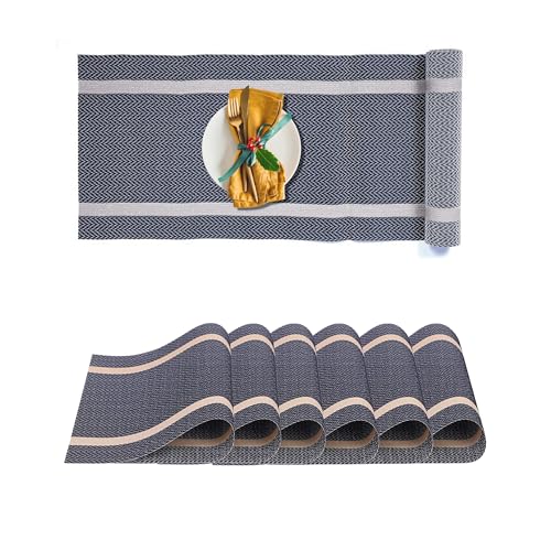 Image of Dining Table Placemats & Runner Set - Heat Resistant, Washable & Stain Resistant Woven Vinyl Mats | Table Runner & 6 Placemats Set for Stylish Dining (45x30 cm Placemats, 180x30 cm Runner)