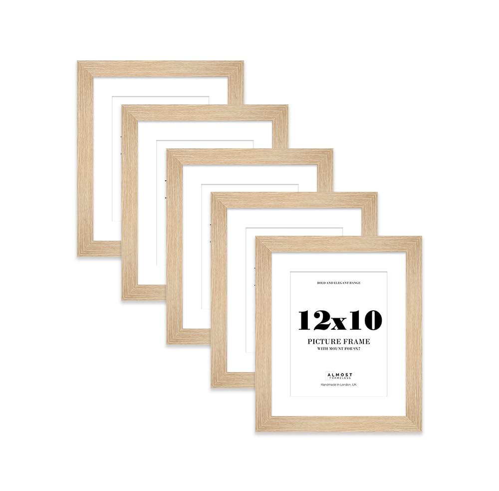 12x10 Oak Frame With Mount for 9x7 Pictures 28mm Edge Portrait and Landscape Display with Wall Hooks and Kickstand, 5 Pack