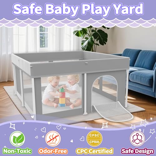 Image of Foldable Playpen for Babies and Toddlers,50 inchx71 inch Collapsible Play Pen with 50 Ball Pit Balls, Portable Indoor & Outdoor Play Yard, Baby Fence with Carry Bag, Mat Not Include, Grey