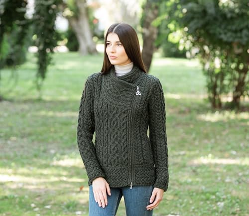 Image of SAOL Irish Cardigan for Women Made of 100% Merino Wool Ireland Sweater Cable Knit Zip Jacket