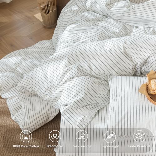 Image of MooMee Striped Duvet Cover Set 100% Washed Cotton Linen Like Oversized King | Relaxed Linen-like Texture. Soft, Breathable & Long-lasting Comfort. Lightweight. Hidden Zipper with 8 Interior Corner Ties