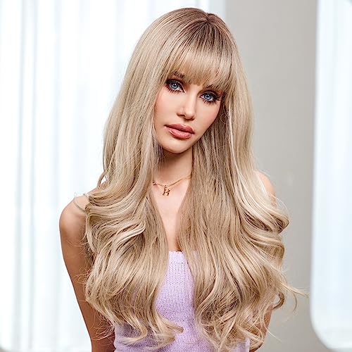 EMMOR Ombre Blonde Wavy Wigs for Women Highlight Color Wigs with Bangs Long Curly Heat Resistant Fiber Synthetic Wig Natural looking for Daily Use - Image 3