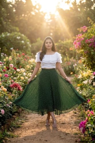 Image of Women's Lycra Top with Georgette Skirt | Polka Dot Print Long Flared Maxi | Full Length Flowy Skirt for Women | Stylish Casual Wear