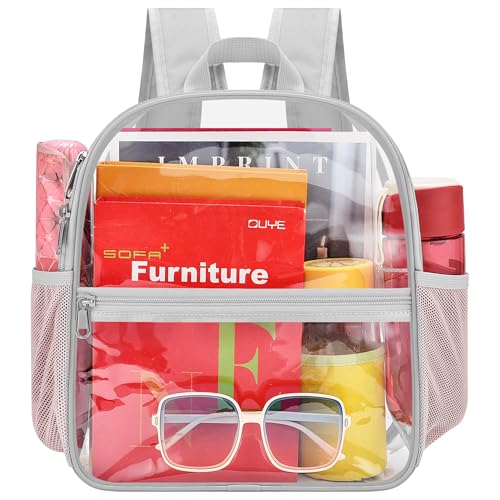 Image of Busiuw Clear Backpack for Stadium Events 12x12x6 Mini Small Sports Fan Backpacks with Front Pocket for Concert Sport Events Work Travel(Silver)