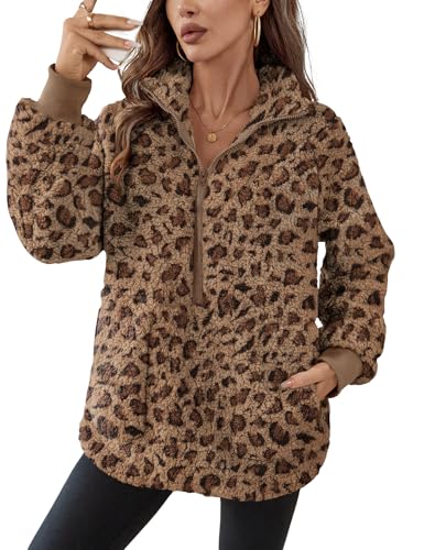 Rapbin Damen-Pullover mit halbem Reißverschluss, flauschige Sherpa-Fleece-Jacke, warme Oberbekleidung, Mantel, Reißverschluss, Sweatshirt mit Taschen, Größe S-XL, leopard, S