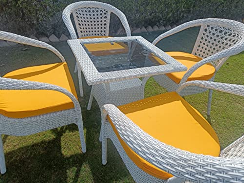 Image of Anaya Decor D-8 Chairs Table Set 4+1 Wicker Patio Furniture Sets 4 Chair and 1 Table with Cushions for Garden Balcony Bedroom Powder Coated Frame Uv Protected Wicker (Off White+Yellow)