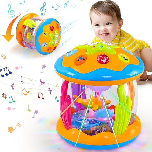 Image of ROHSCE Baby Toys 6 to 12 Months - Musical Rotating Light Up Infant Toys, Early Learning Toys Baby Crawling Drum Toy, Tummy Time Educational Sensory Baby Girl Gifts for Toddlers 1 2 3 Years Old