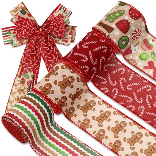 JarThenaAMCS Christmas Wired Edge Ribbons Gingerbread Man Candy Cane Ribbons Xmas Fabric Ribbons for Wreath Bow Making DIY Craft Wrapping 4 Rolls 24 Yard