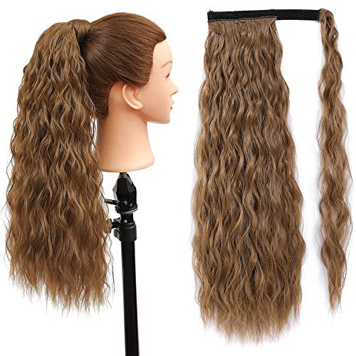 Higlights Water Wave Long Ponytail Extension 24 Inch Clip-in Corn Wave Ponytail Extension Wrap Around Synthetic Wavy Curly Ponytail Magic Paste Ponytail Hairpiece for Women (Color: 27#)