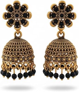 Antique Gold Jhumka Earrings with Black Beads, Flower Stud Top, Traditional Indian Jewellery Price In India
