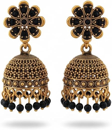 Antique Gold Jhumka Earrings with Black Beads, Flower Stud Top, Traditional Indian Jewellery